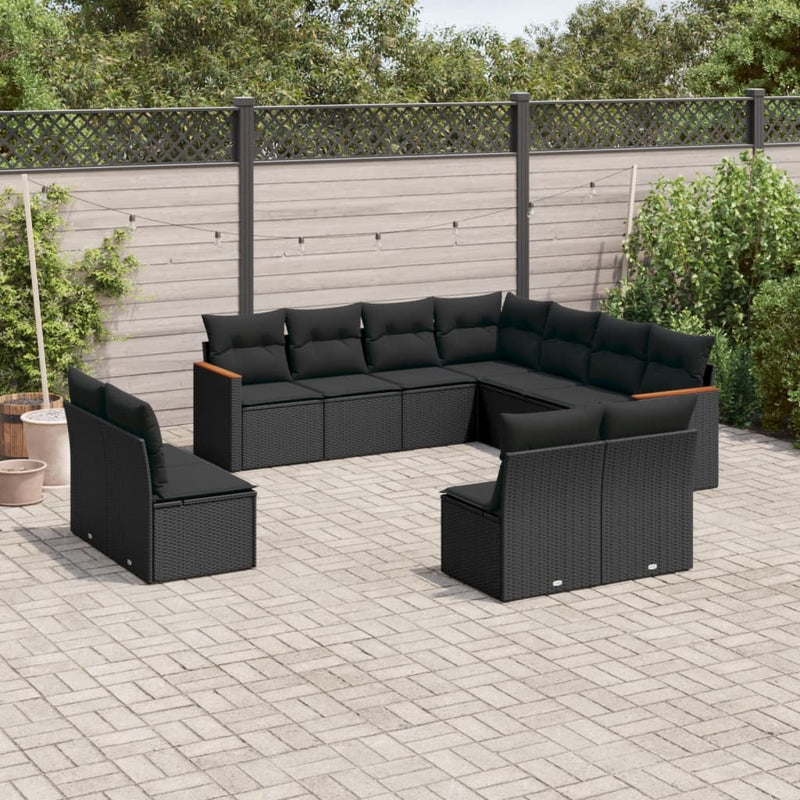 11-tlg. Garten-Sofagarnitur mit Kissen Schwarz Poly Rattan