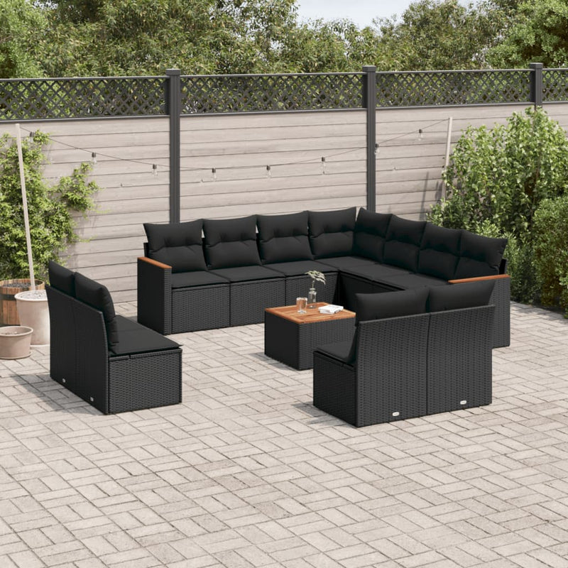 12-tlg. Garten-Sofagarnitur mit Kissen Schwarz Poly Rattan