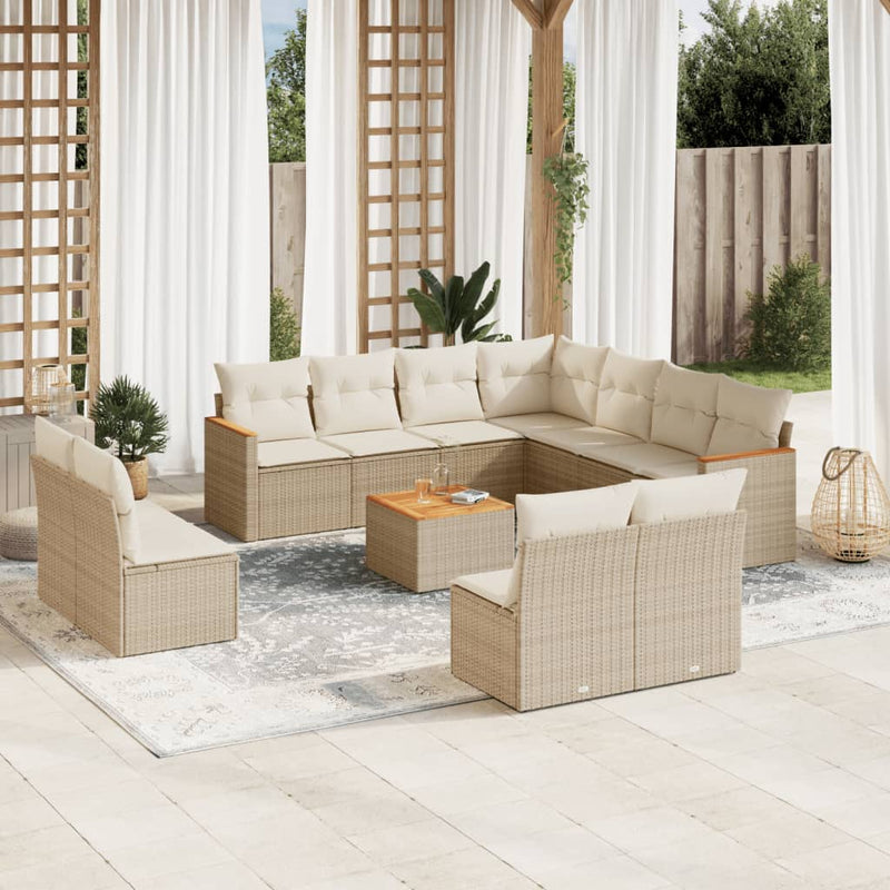 12-tlg. Garten-Sofagarnitur mit Kissen Beige Poly Rattan