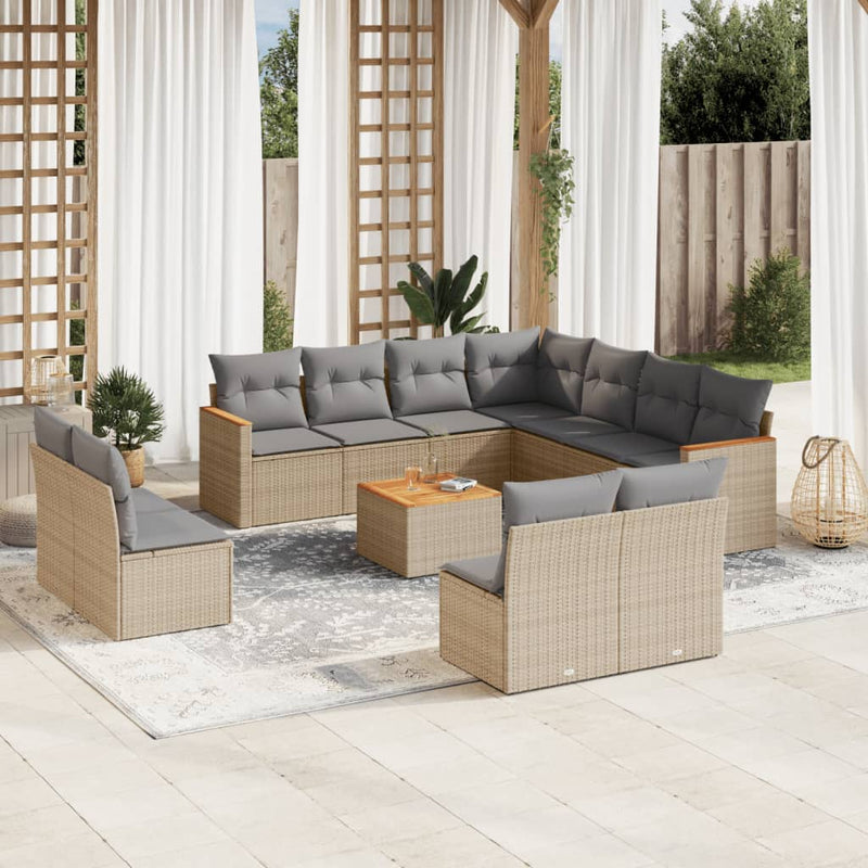 12-tlg. Garten-Sofagarnitur mit Kissen Beige Poly Rattan