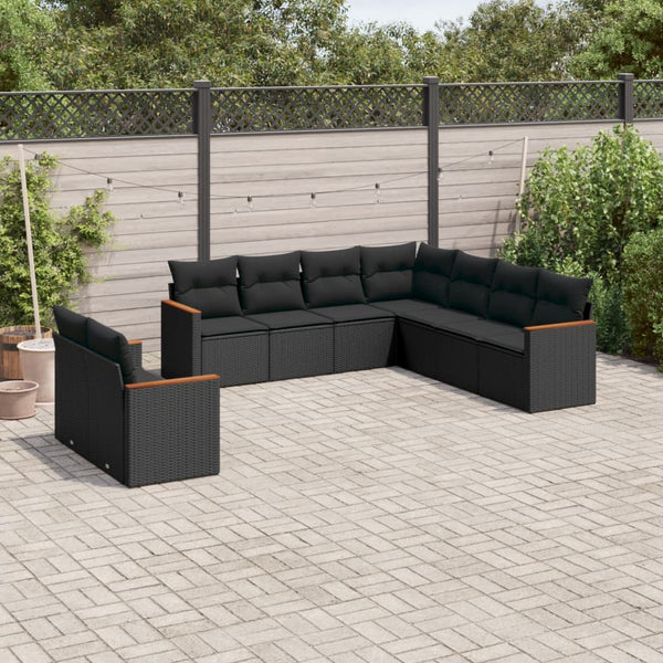 9-tlg. Garten-Sofagarnitur mit Kissen Schwarz Poly Rattan