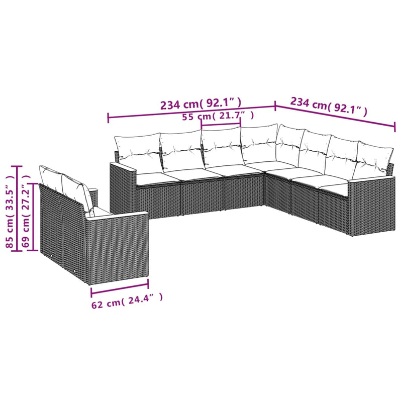 9-tlg. Garten-Sofagarnitur mit Kissen Schwarz Poly Rattan