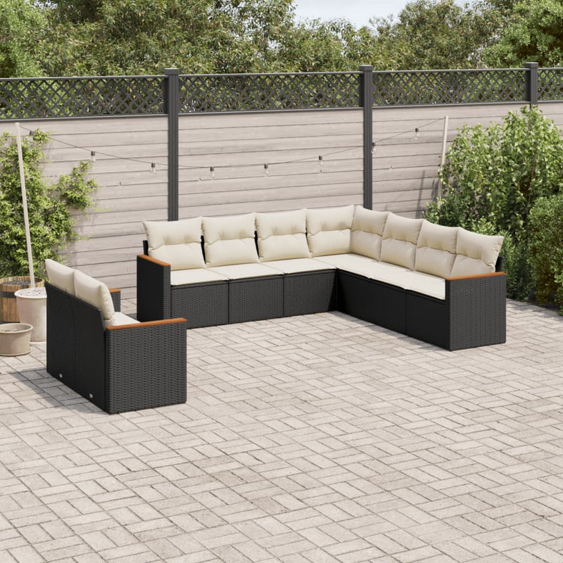 9-tlg. Garten-Sofagarnitur mit Kissen Schwarz Poly Rattan