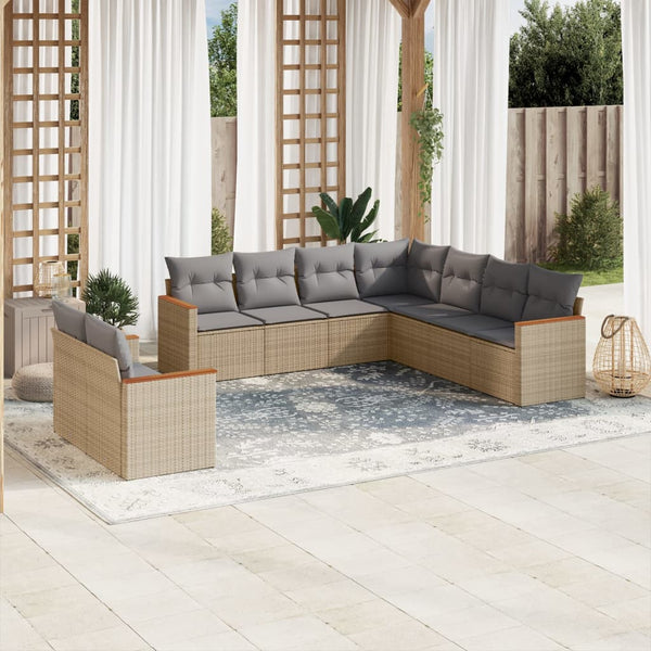 9-tlg. Garten-Sofagarnitur mit Kissen Beige Poly Rattan