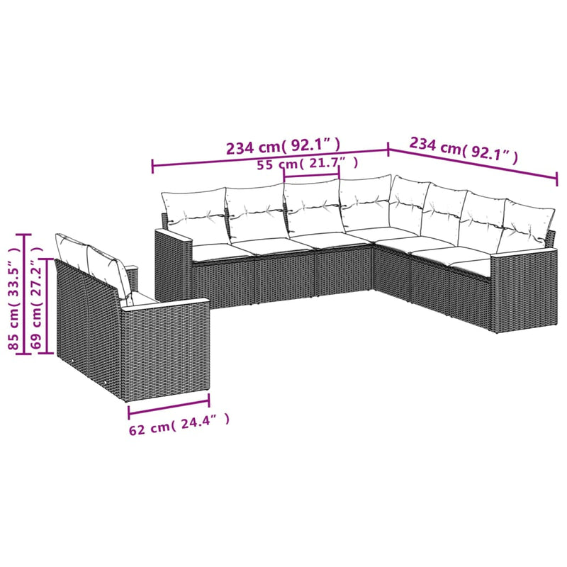 9-tlg. Garten-Sofagarnitur mit Kissen Grau Poly Rattan