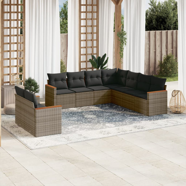 9-tlg. Garten-Sofagarnitur mit Kissen Grau Poly Rattan