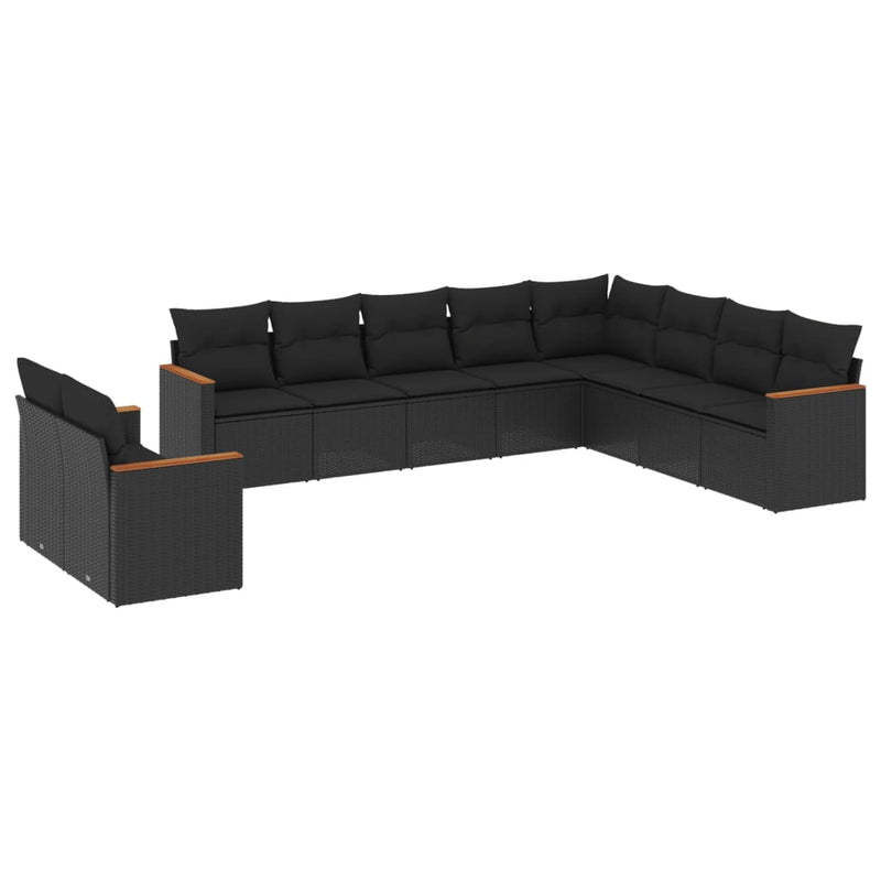 10-tlg. Garten-Sofagarnitur mit Kissen Schwarz Poly Rattan