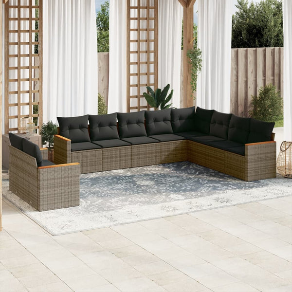 10-tlg. Garten-Sofagarnitur mit Kissen Grau Poly Rattan