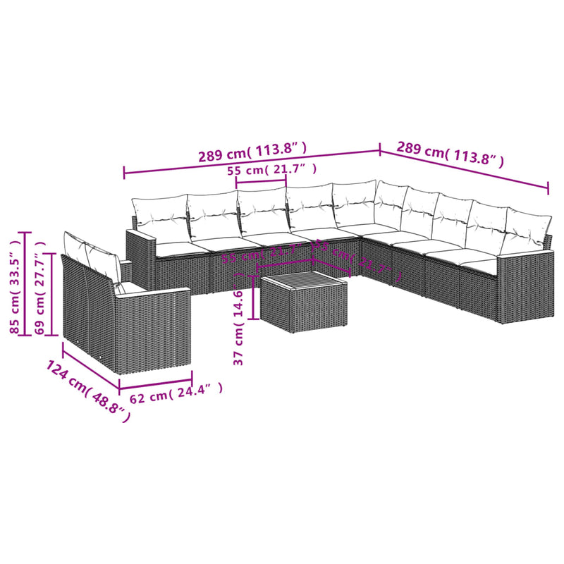 12-tlg. Garten-Sofagarnitur mit Kissen Schwarz Poly Rattan