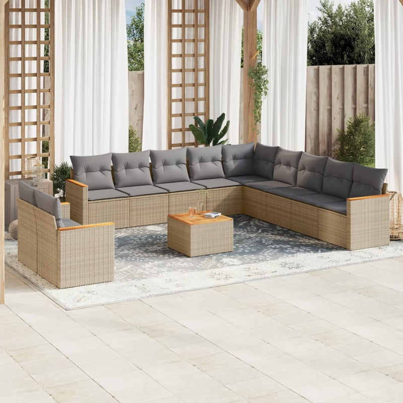 12-tlg. Garten-Sofagarnitur mit Kissen Beige Poly Rattan