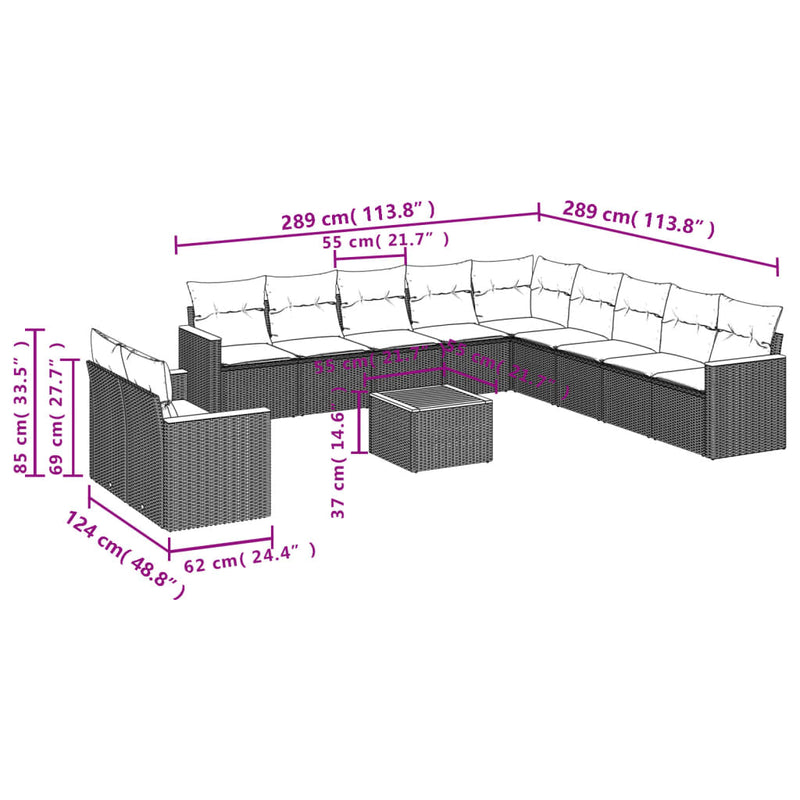 12-tlg. Garten-Sofagarnitur mit Kissen Grau Poly Rattan