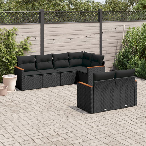 7-tlg. Garten-Sofagarnitur mit Kissen Schwarz Poly Rattan