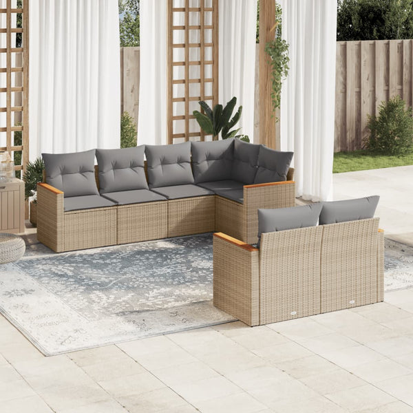 7-tlg. Garten-Sofagarnitur mit Kissen Beige Poly Rattan