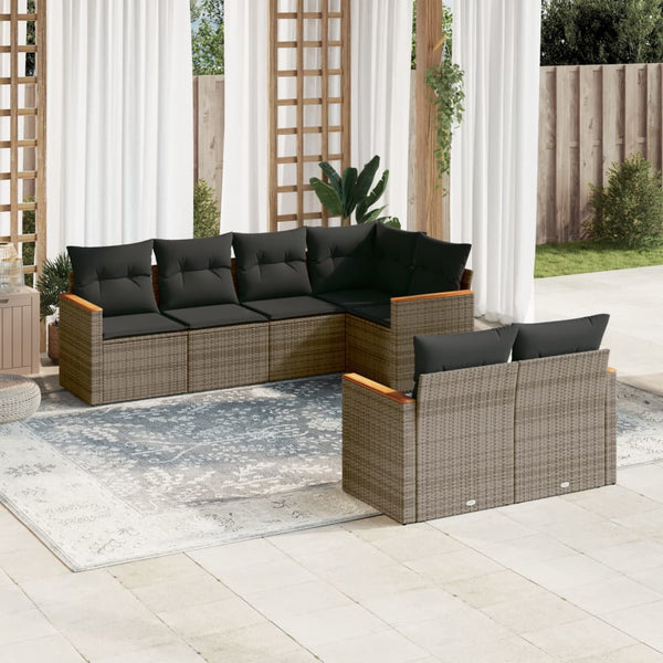 7-tlg. Garten-Sofagarnitur mit Kissen Grau Poly Rattan