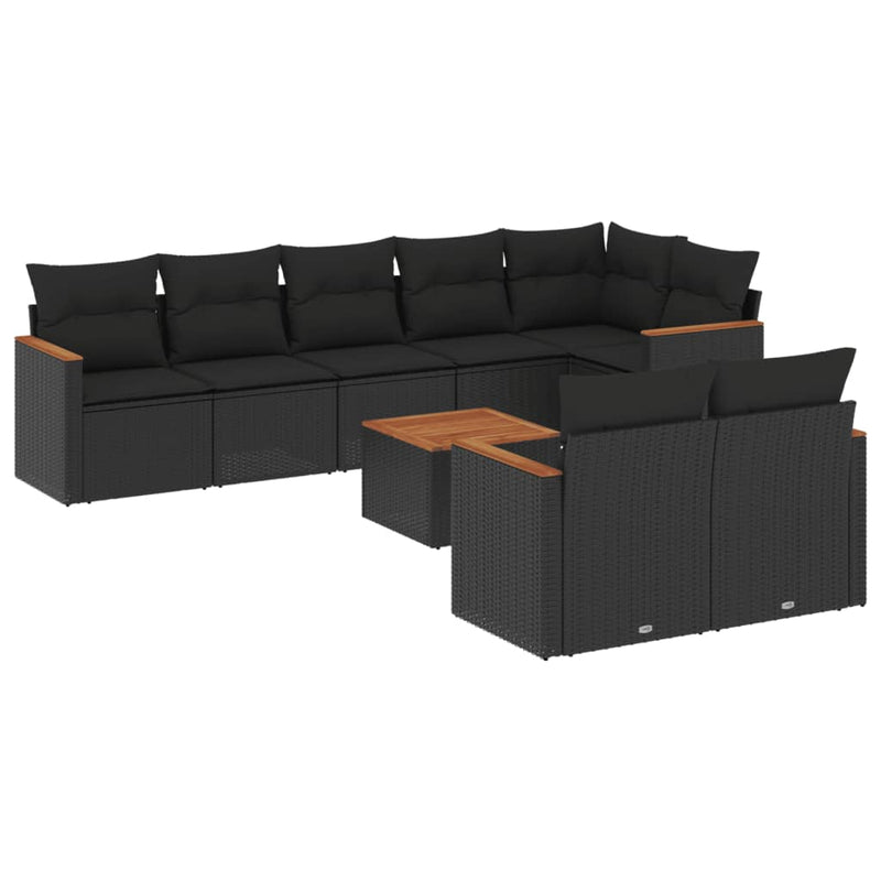 9-tlg. Garten-Sofagarnitur mit Kissen Schwarz Poly Rattan