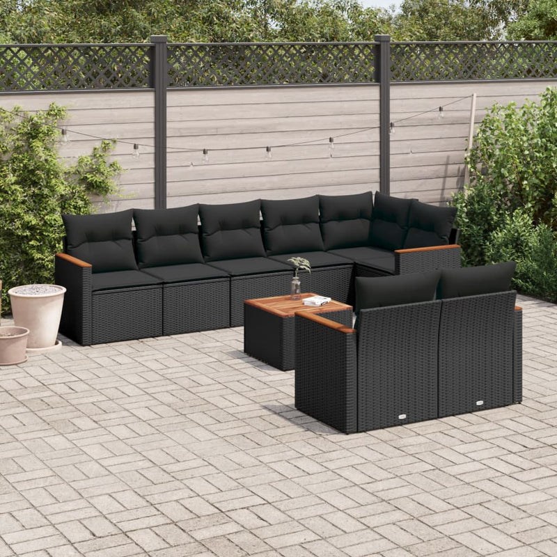 9-tlg. Garten-Sofagarnitur mit Kissen Schwarz Poly Rattan