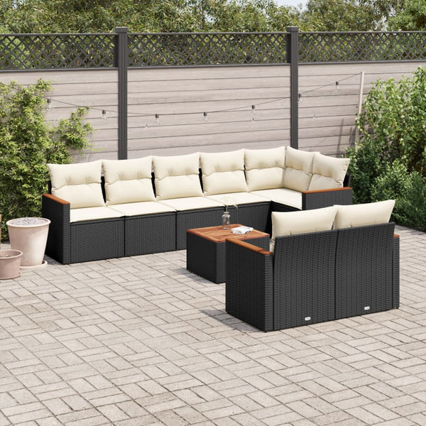 9-tlg. Garten-Sofagarnitur mit Kissen Schwarz Poly Rattan