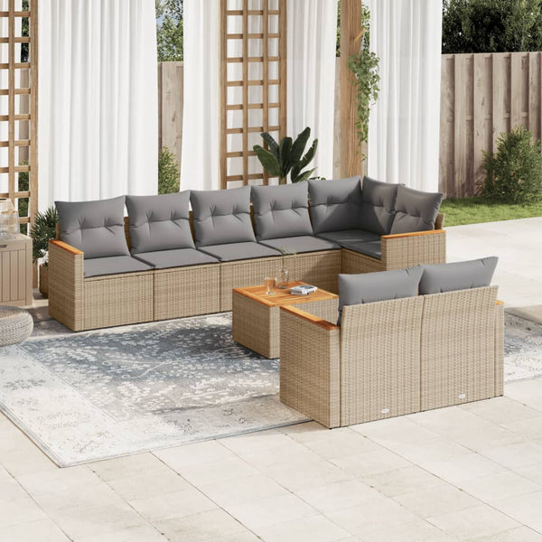 9-tlg. Garten-Sofagarnitur mit Kissen Beige Poly Rattan