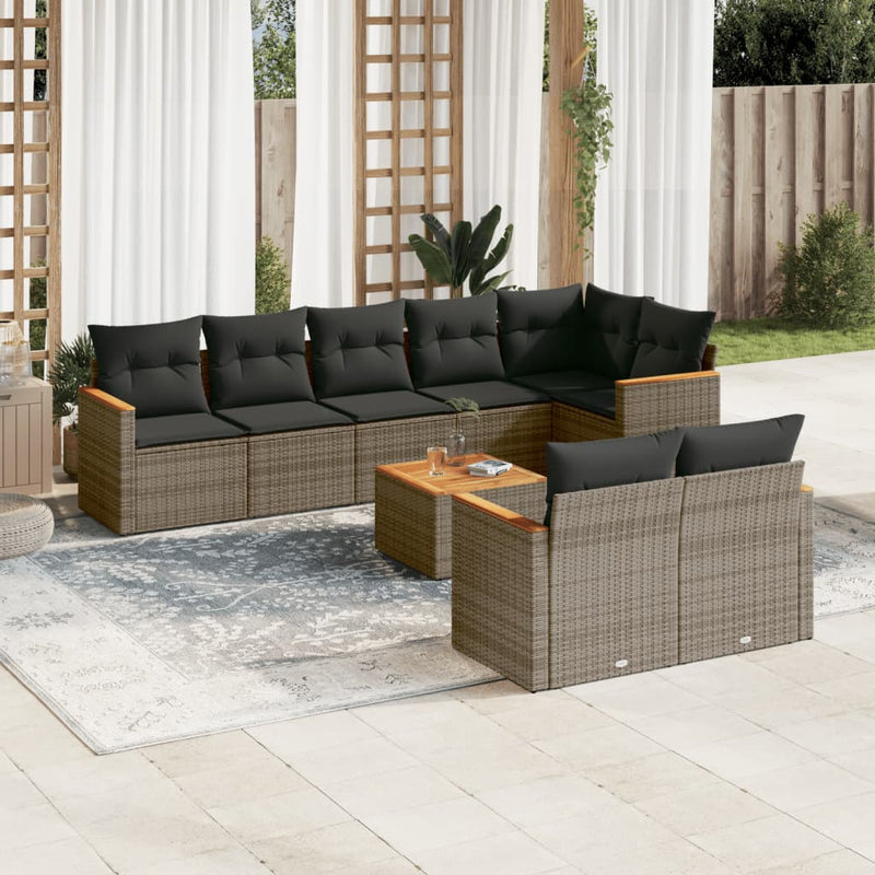 9-tlg. Garten-Sofagarnitur mit Kissen Grau Poly Rattan