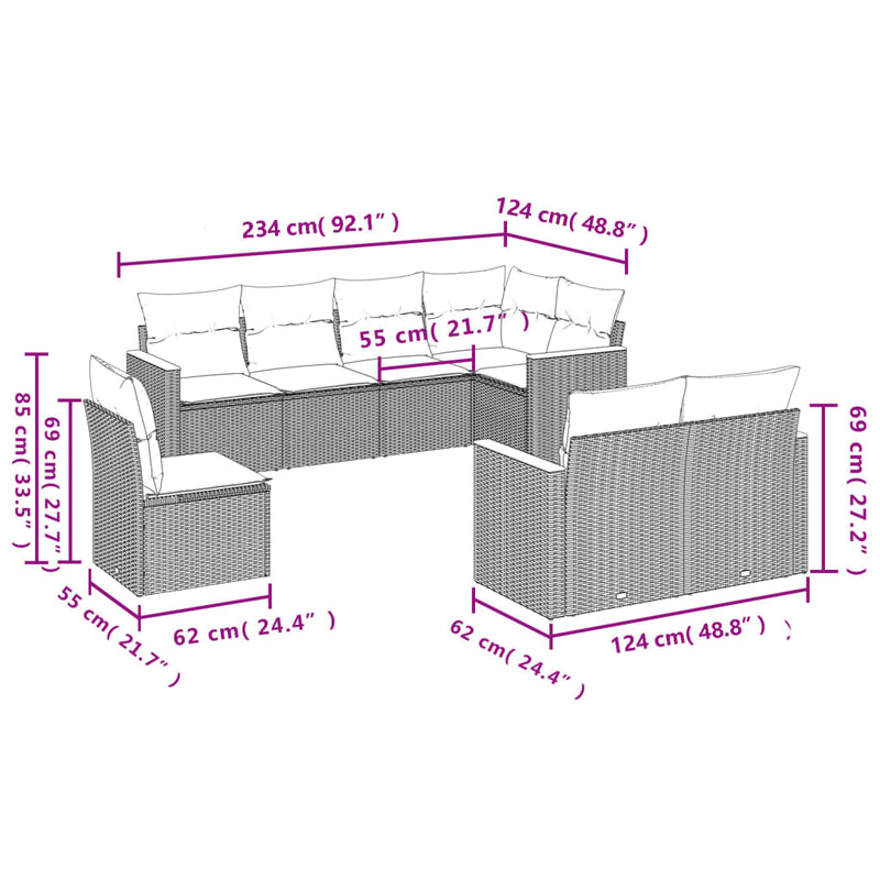 8-tlg. Garten-Sofagarnitur mit Kissen Schwarz Poly Rattan