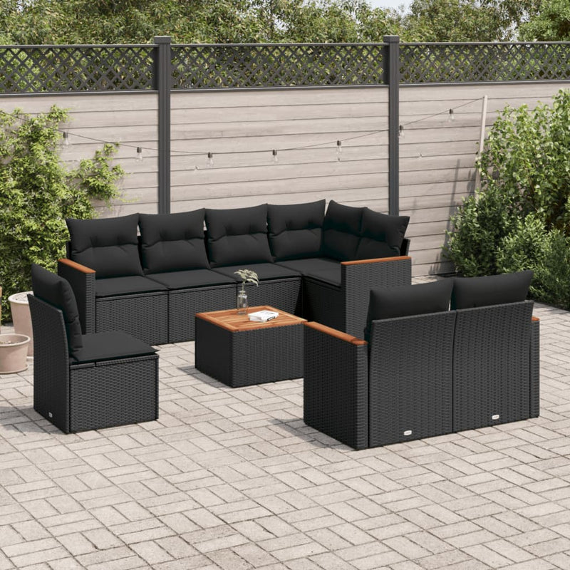 9-tlg. Garten-Sofagarnitur mit Kissen Schwarz Poly Rattan