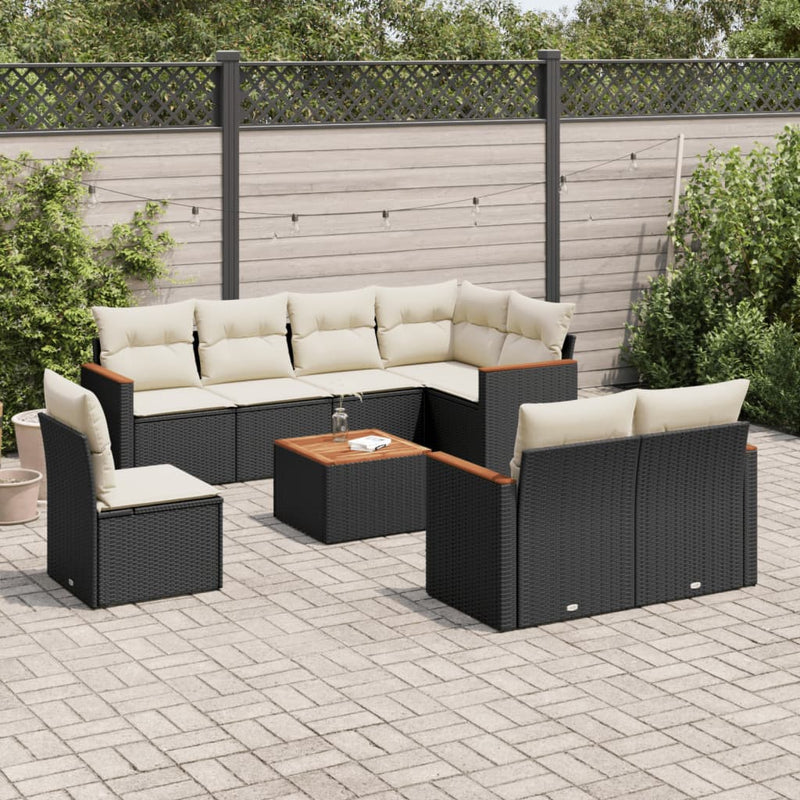 9-tlg. Garten-Sofagarnitur mit Kissen Schwarz Poly Rattan