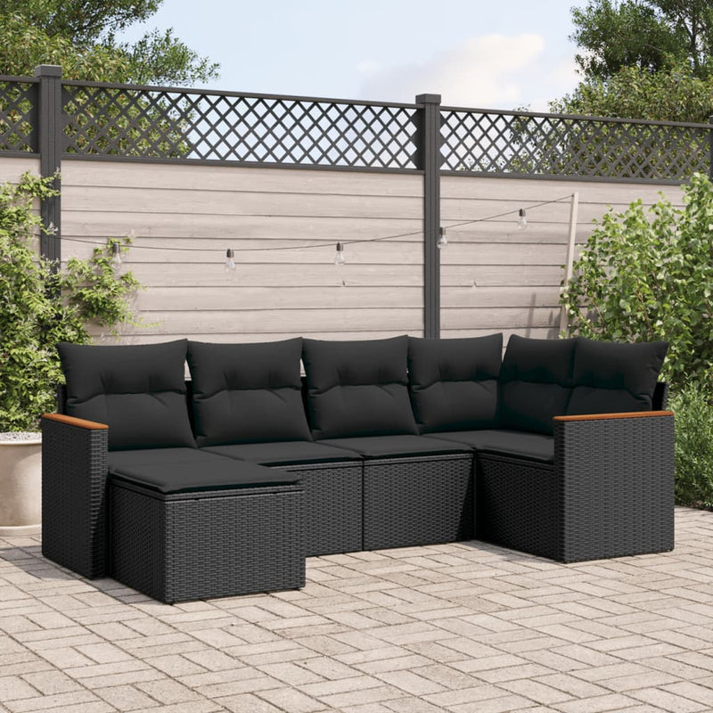 6-tlg. Garten-Sofagarnitur mit Kissen Schwarz Poly Rattan