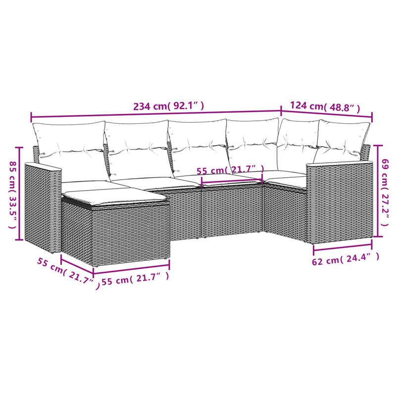 6-tlg. Garten-Sofagarnitur mit Kissen Schwarz Poly Rattan