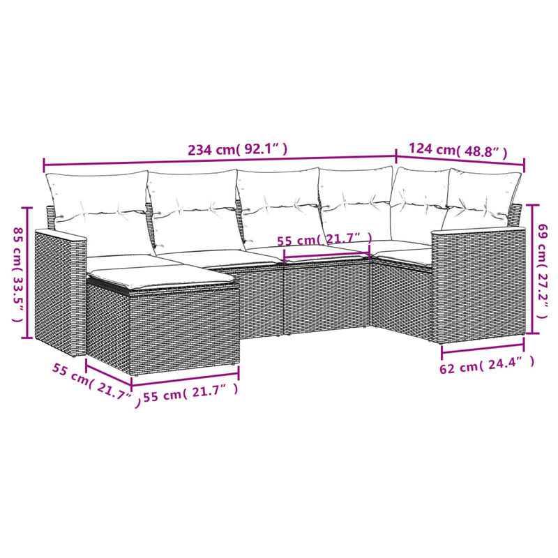 6-tlg. Garten-Sofagarnitur mit Kissen Beige Poly Rattan