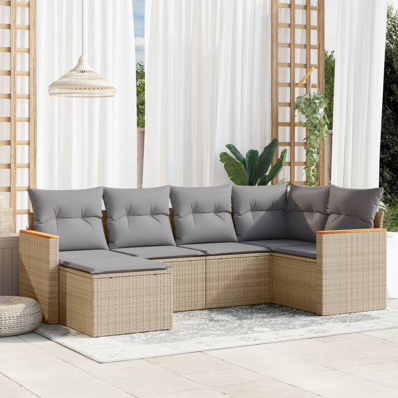 6-tlg. Garten-Sofagarnitur mit Kissen Beige Poly Rattan