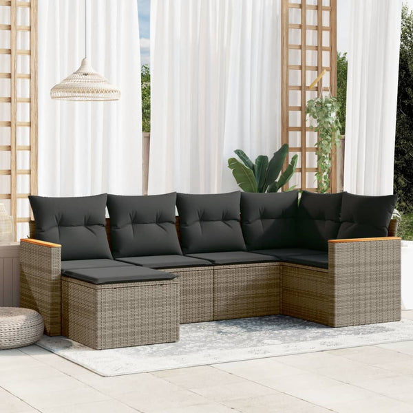 6-tlg. Garten-Sofagarnitur mit Kissen Grau Poly Rattan