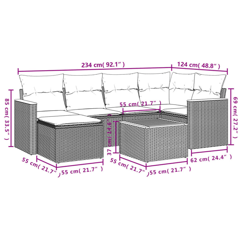 7-tlg. Garten-Sofagarnitur mit Kissen Schwarz Poly Rattan