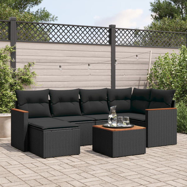 7-tlg. Garten-Sofagarnitur mit Kissen Schwarz Poly Rattan