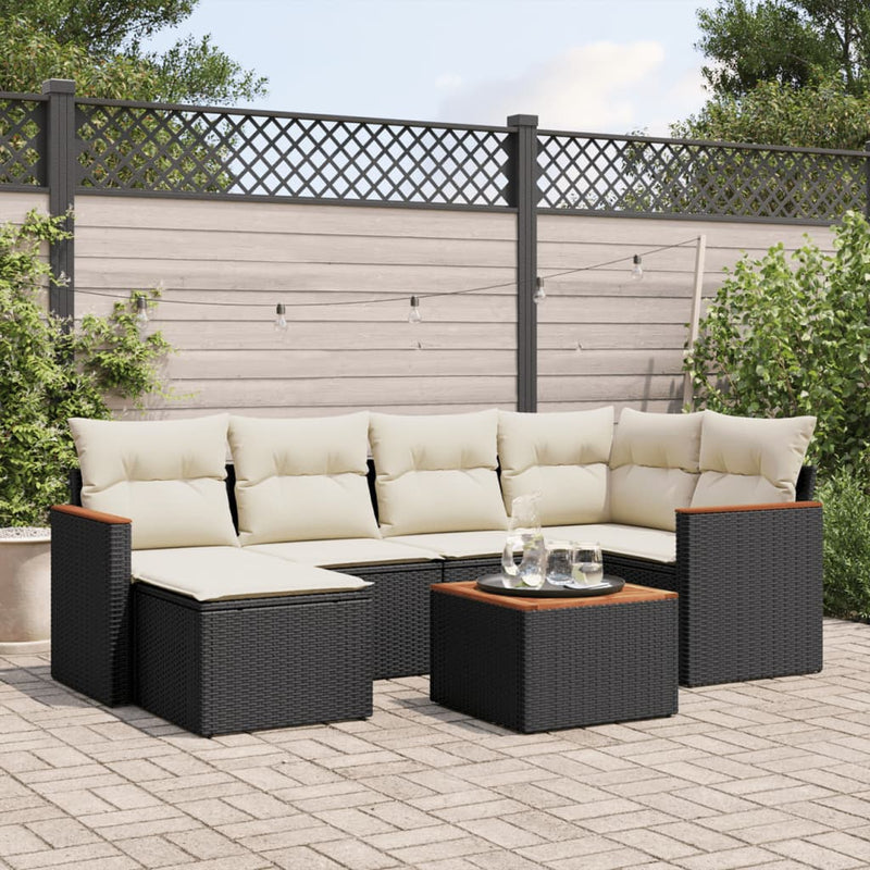 7-tlg. Garten-Sofagarnitur mit Kissen Schwarz Poly Rattan