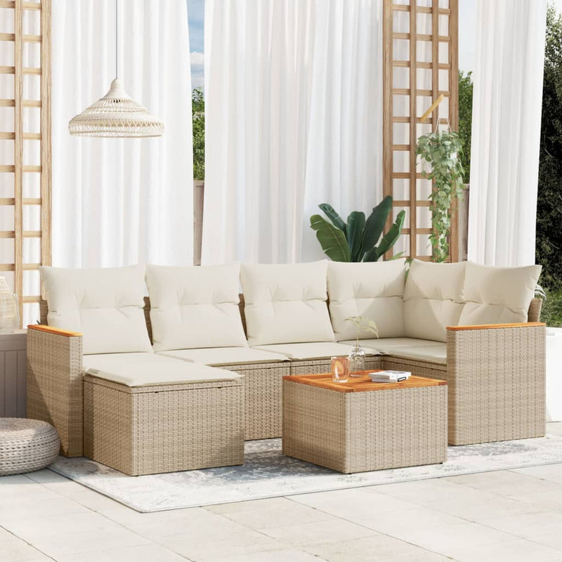 7-tlg. Garten-Sofagarnitur mit Kissen Beige Poly Rattan