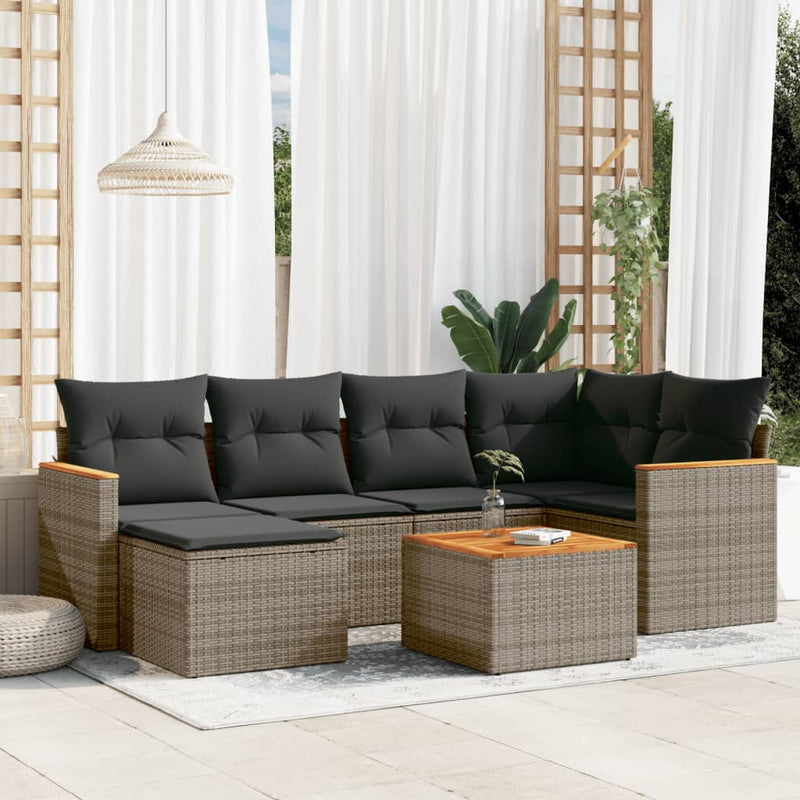 7-tlg. Garten-Sofagarnitur mit Kissen Grau Poly Rattan