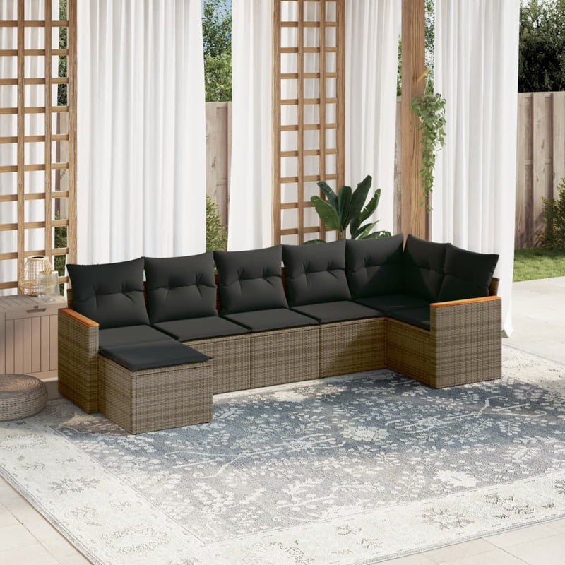 7-tlg. Garten-Sofagarnitur mit Kissen Grau Poly Rattan