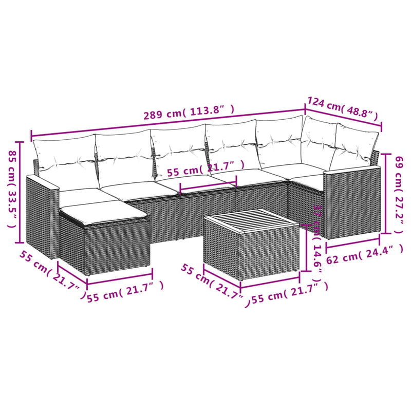 8-tlg. Garten-Sofagarnitur mit Kissen Grau Poly Rattan