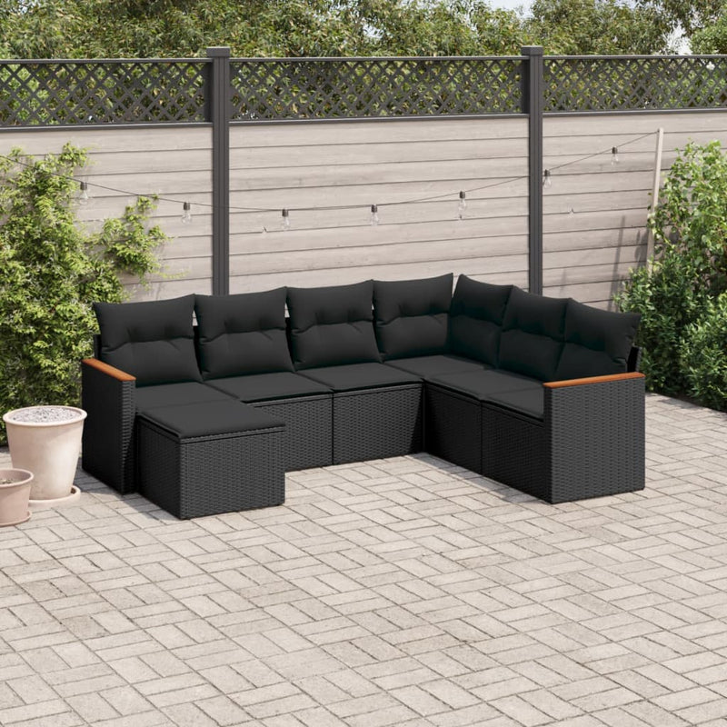 7-tlg. Garten-Sofagarnitur mit Kissen Schwarz Poly Rattan