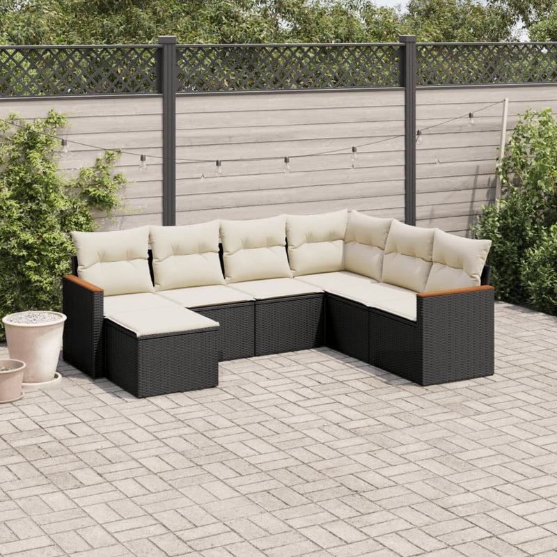 7-tlg. Garten-Sofagarnitur mit Kissen Schwarz Poly Rattan