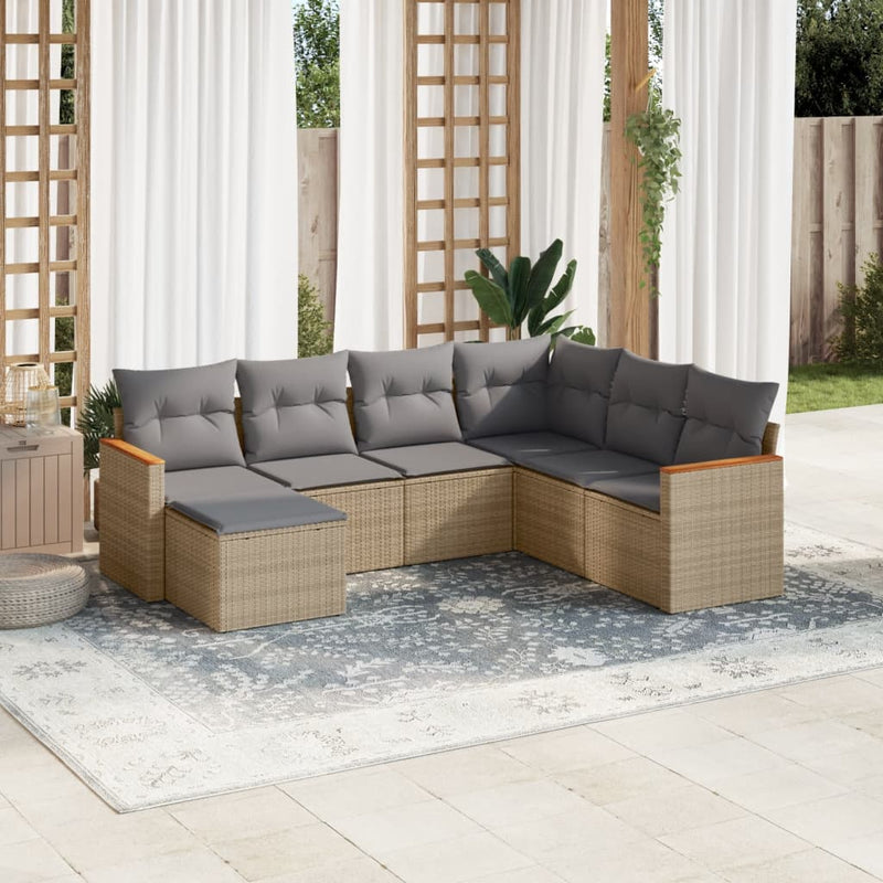 7-tlg. Garten-Sofagarnitur mit Kissen Beige Poly Rattan