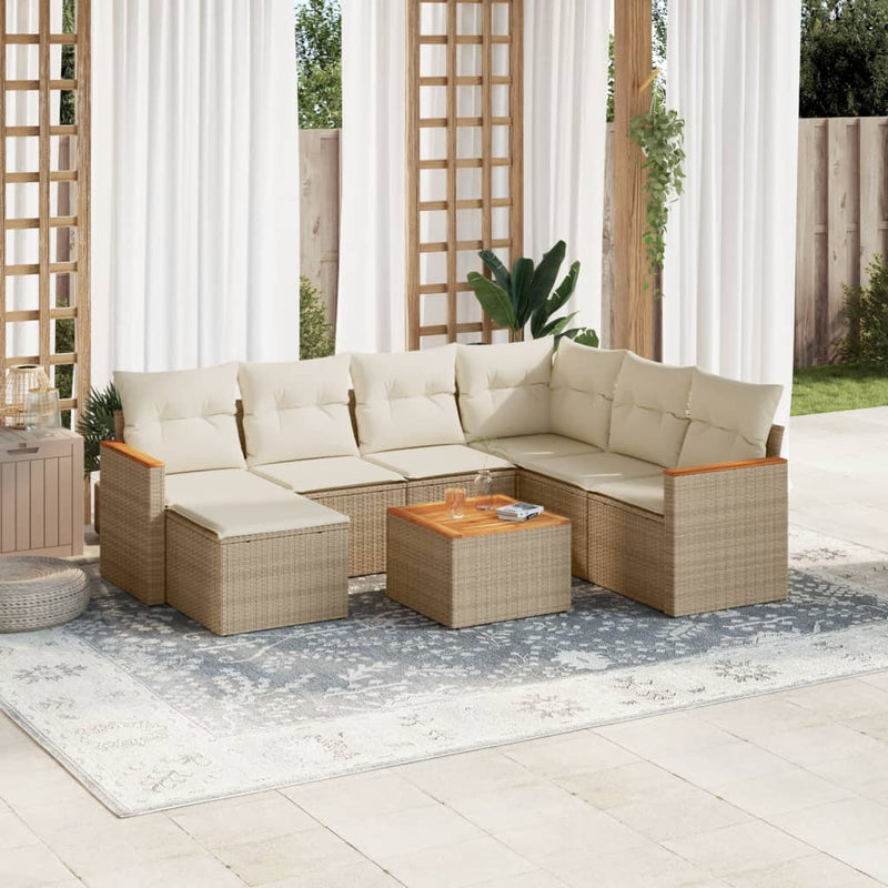 8-tlg. Garten-Sofagarnitur mit Kissen Beige Poly Rattan