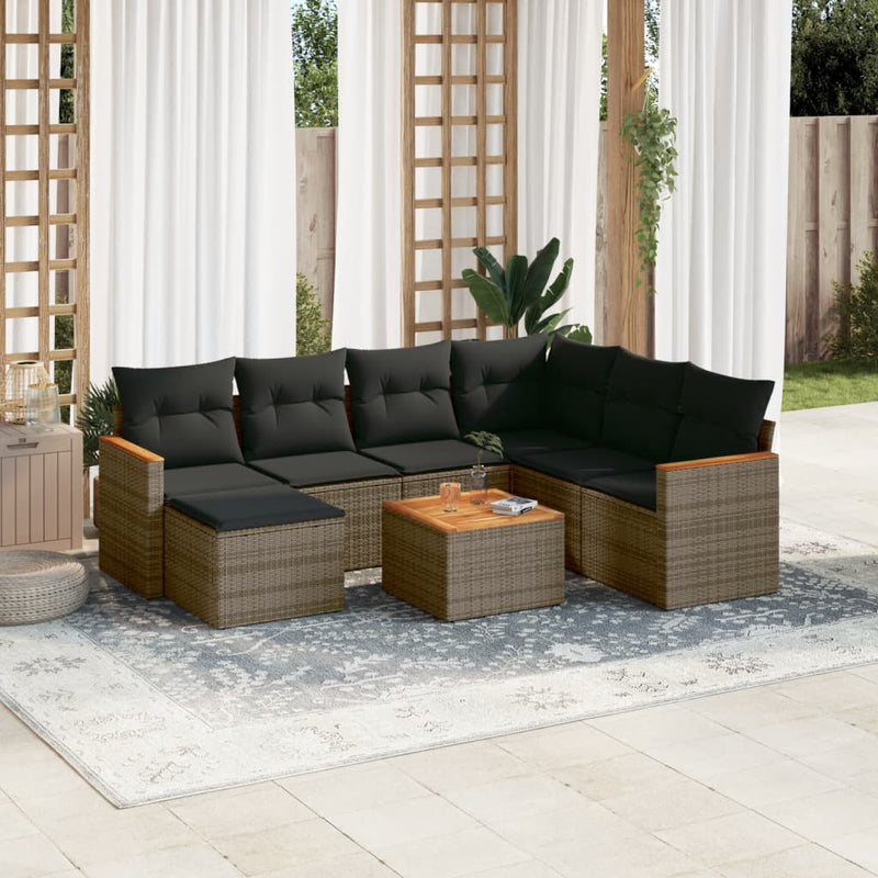 8-tlg. Garten-Sofagarnitur mit Kissen Grau Poly Rattan