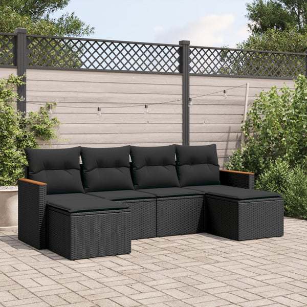 6-tlg. Garten-Sofagarnitur mit Kissen Schwarz Poly Rattan