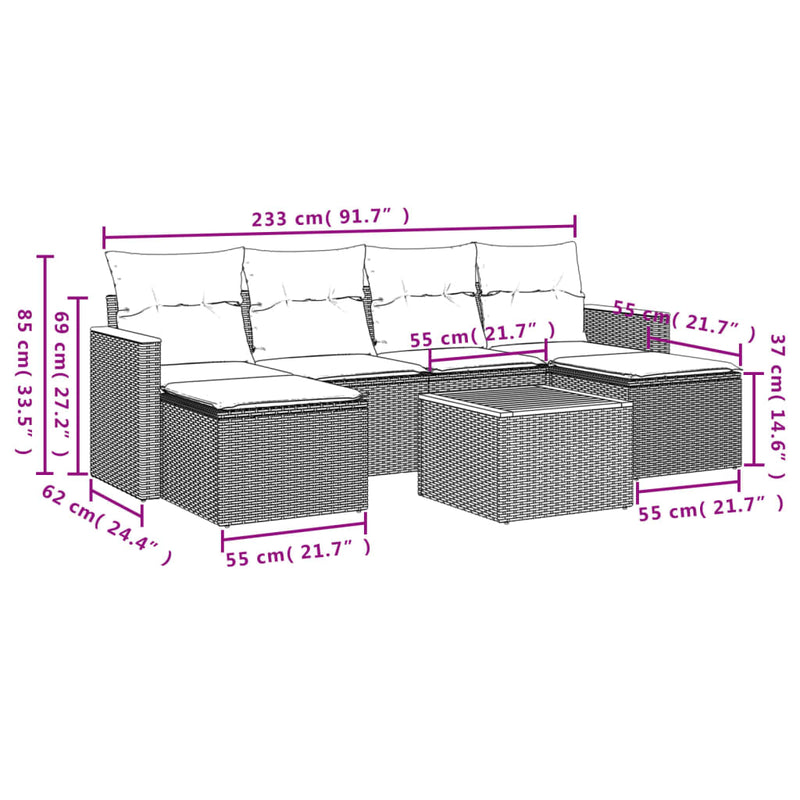 7-tlg. Garten-Sofagarnitur mit Kissen Grau Poly Rattan