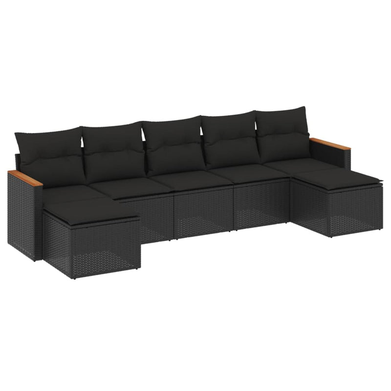 7-tlg. Garten-Sofagarnitur mit Kissen Schwarz Poly Rattan