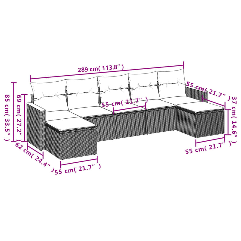 7-tlg. Garten-Sofagarnitur mit Kissen Schwarz Poly Rattan