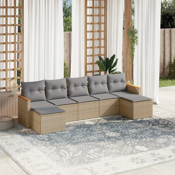 7-tlg. Garten-Sofagarnitur mit Kissen Beige Poly Rattan