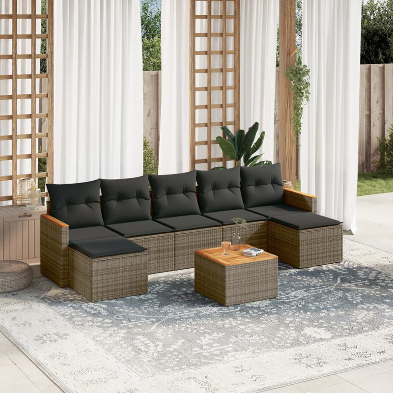 8-tlg. Garten-Sofagarnitur mit Kissen Grau Poly Rattan