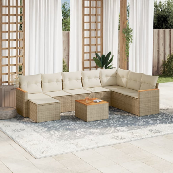 9-tlg. Garten-Sofagarnitur mit Kissen Beige Poly Rattan